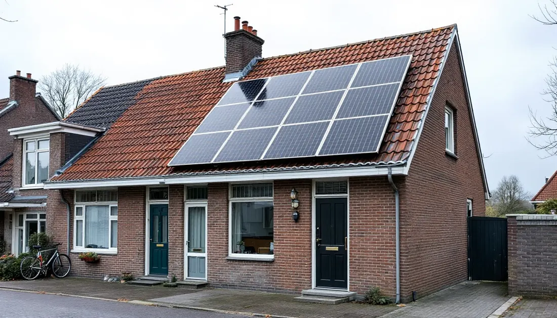 Zonnepanelen geplaatst op het hellende dak van een Nederlandse woning